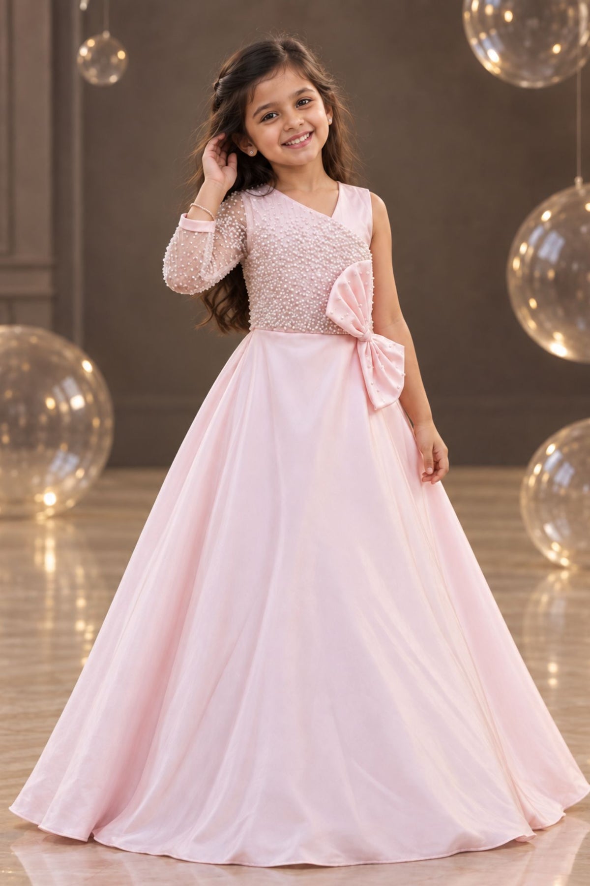 Designer Baby Pink One-Shoulder Pearl Embellished Party Gown