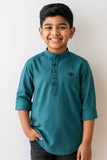 Teal Green Checkered Kurta Shirt With Mandarin Collar And Half Placket For Boys