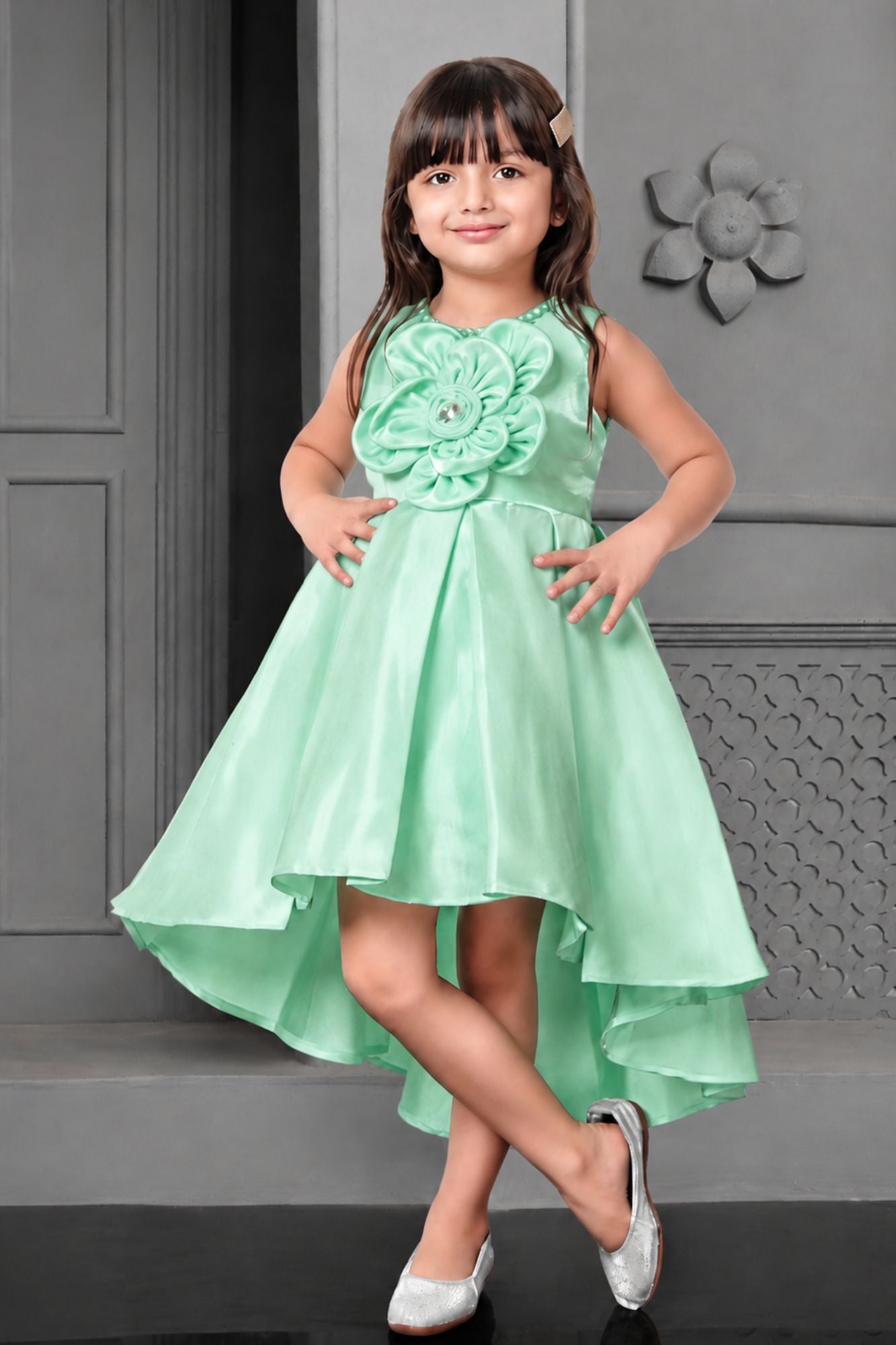 Pista Green Satin High Low Frock With Flower Embellishment