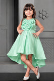 Pista Green Satin High Low Frock With Flower Embellishment