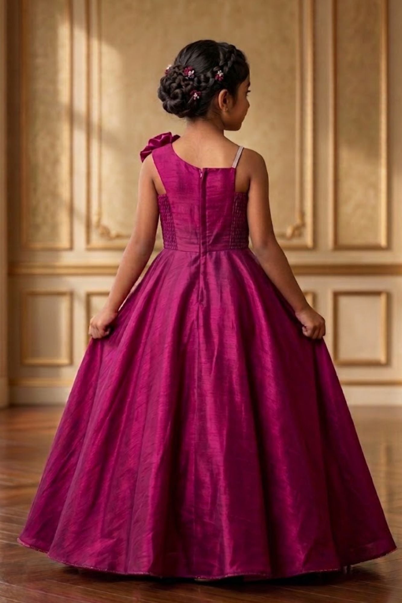 Girls Wine One-Shoulder Party Gown with Floral Applique