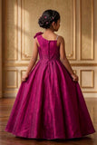 Girls Wine One-Shoulder Party Gown with Floral Applique