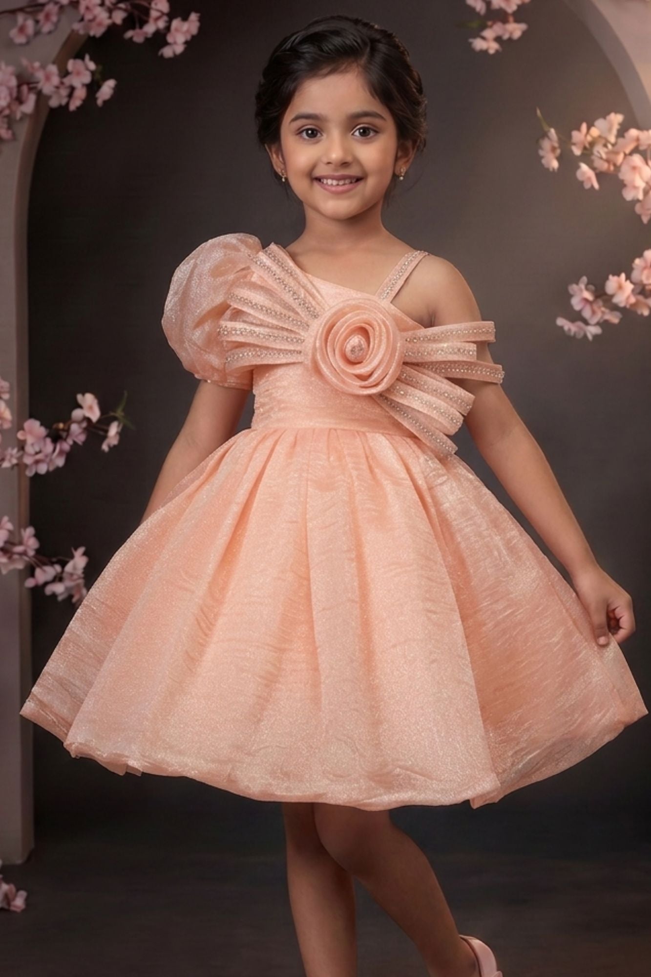 Peach One-Shoulder Party Frock with 3D Floral Bow For Girls