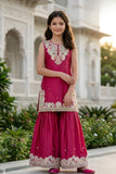 Girls Rani Pink Embroidered Sharara Set With Dupatta