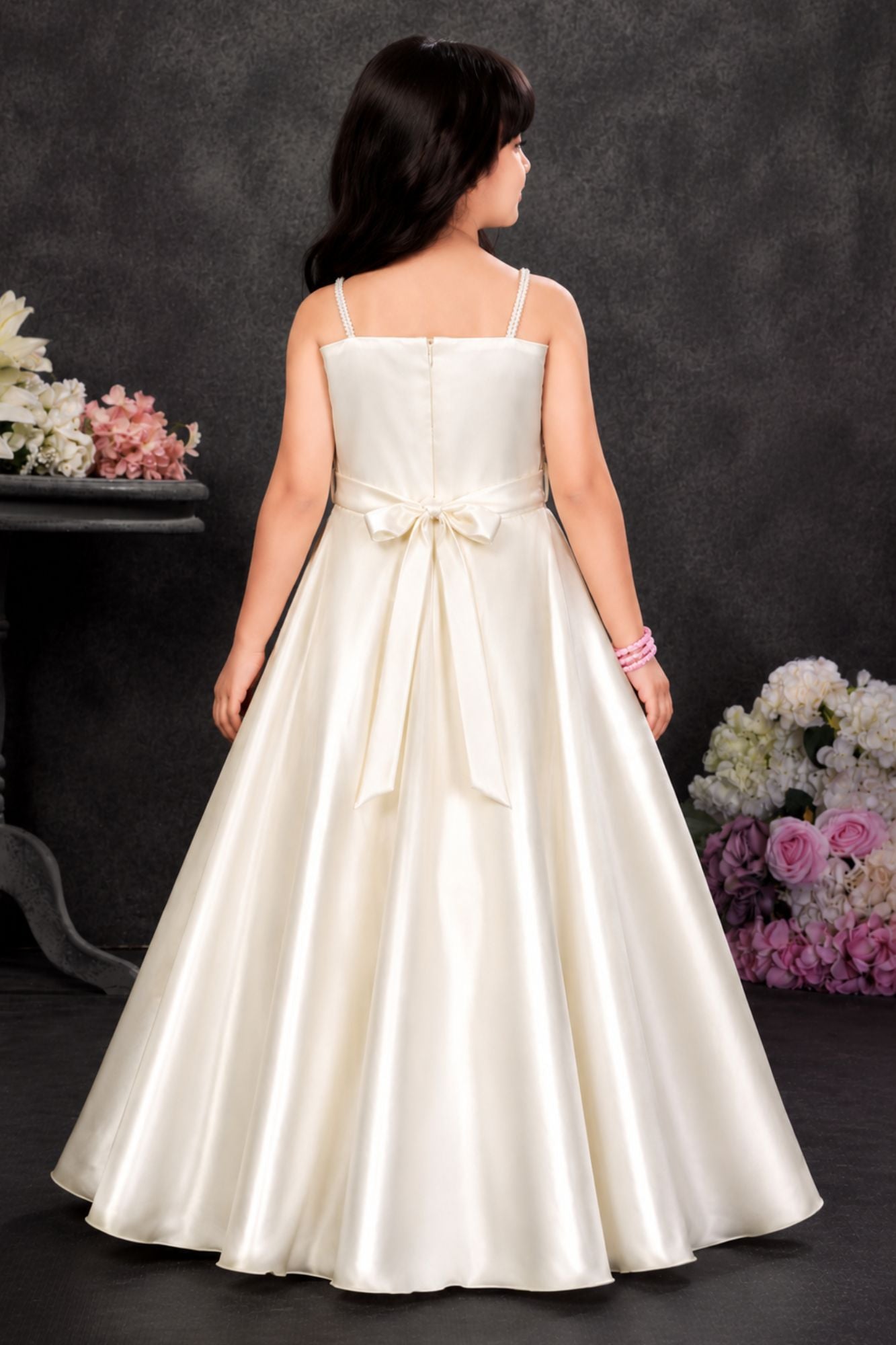 Off White And Pink Floral Applique Party Wear Gown for Girls