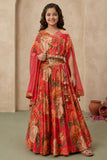 Coral Pink Floral Printed Cape Style Lehenga Choli