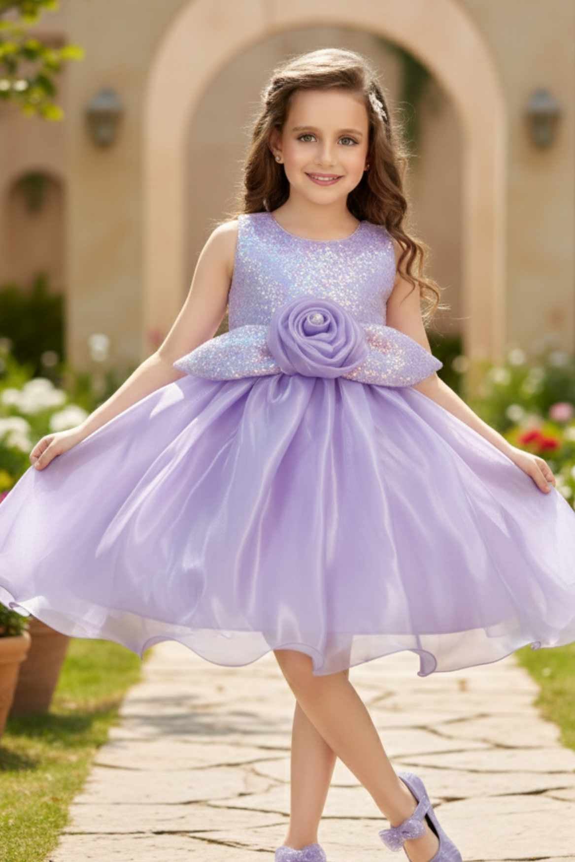 Lavender Shimmer Party Wear Frock with 3D Floral Appliqué For Girls