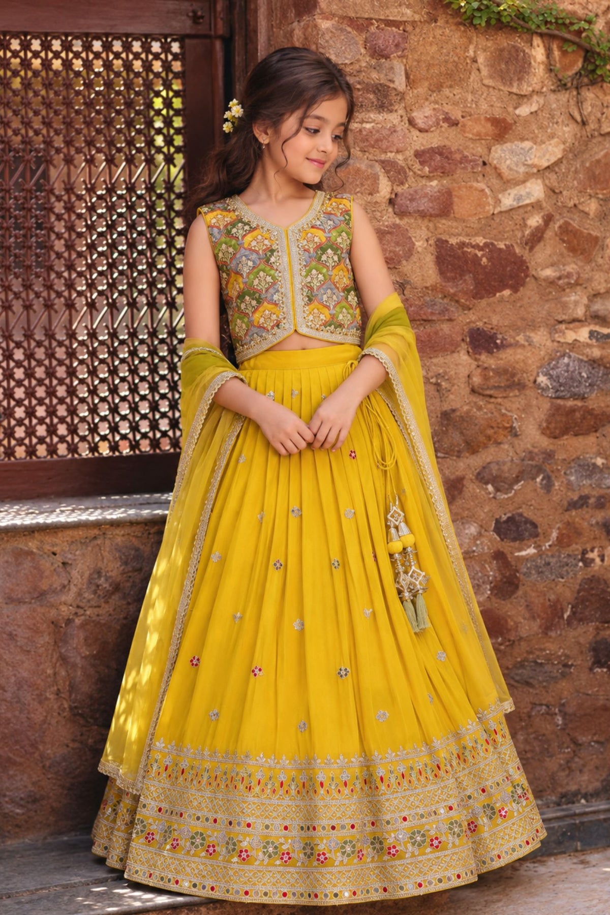 Mustard Yellow Embroidered Lehenga Choli Set For Girls