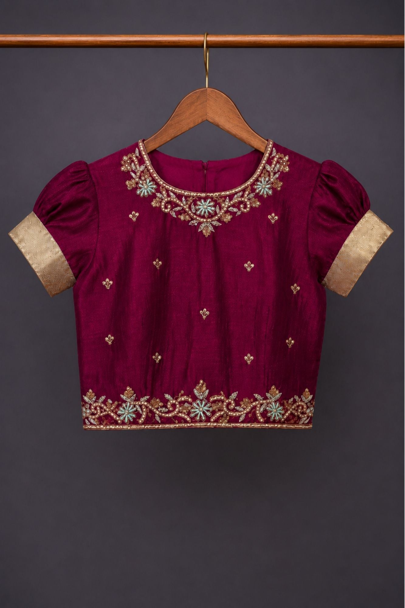 Wine & Ice Blue Silk Pattu Pavadai with Puff Sleeves For Girls