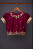 Wine & Ice Blue Silk Pattu Pavadai with Puff Sleeves For Girls