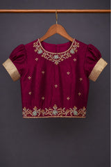 Wine & Ice Blue Pattu Pavadai with Puff Sleeves For Girls