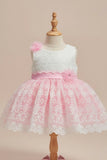 Pink & White Embroidered Party Frock with Floral Appliqué For Girls