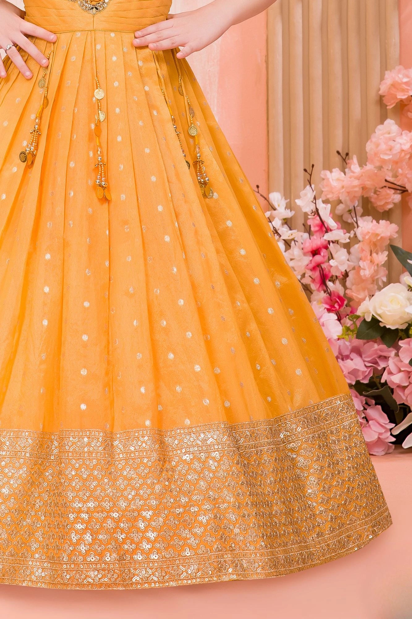 Gold Silk Gown with Zari Border & Embroidered Waist Motif For Girls