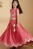 Bright Red Embroidered Lehenga Choli Set For Girls