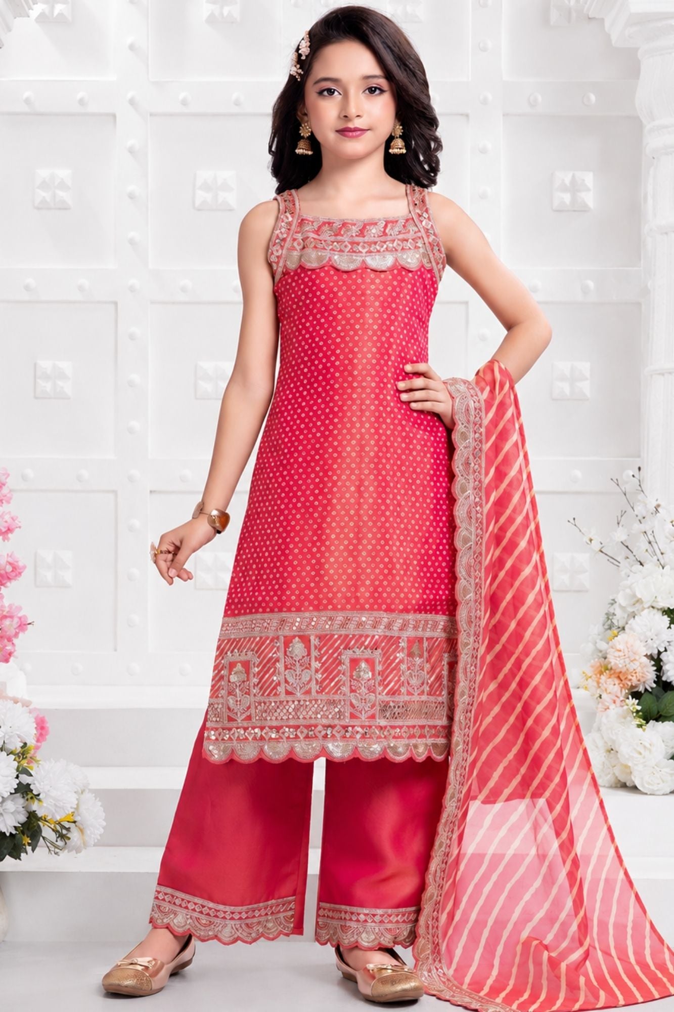 Rani Pink Zari Embroidered Festive Palazzo Set with Dupatta