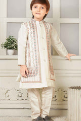 Cream Kurta Set And Open Jacket With Embroidery Work For Boys