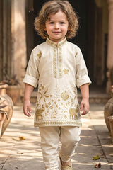 Elegant Boys Ivory With Gold Floral And Elephant Motifs Kurta Set For Festive Wear