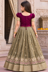 Girls Elegant Wine Embroidered Pattu Pavadai Set