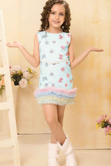 Sky Blue Ruffle Hem Dress With Pastel Flower And Butterfly Detail For Girls
