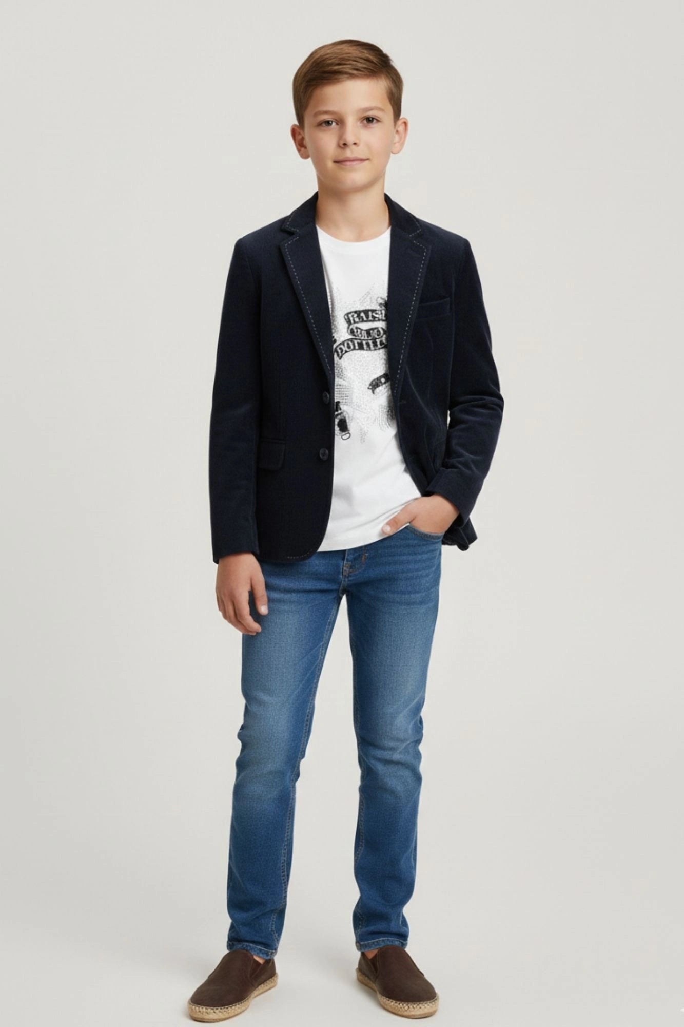 White Graphic T-Shirt with Navy Blue Textured Blazer Set For Boys