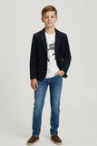 White Graphic T-Shirt with Navy Blue Textured Blazer Set For Boys