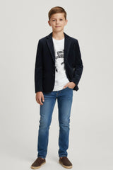 White Graphic T-Shirt with Navy Blue Textured Blazer Set For Boys