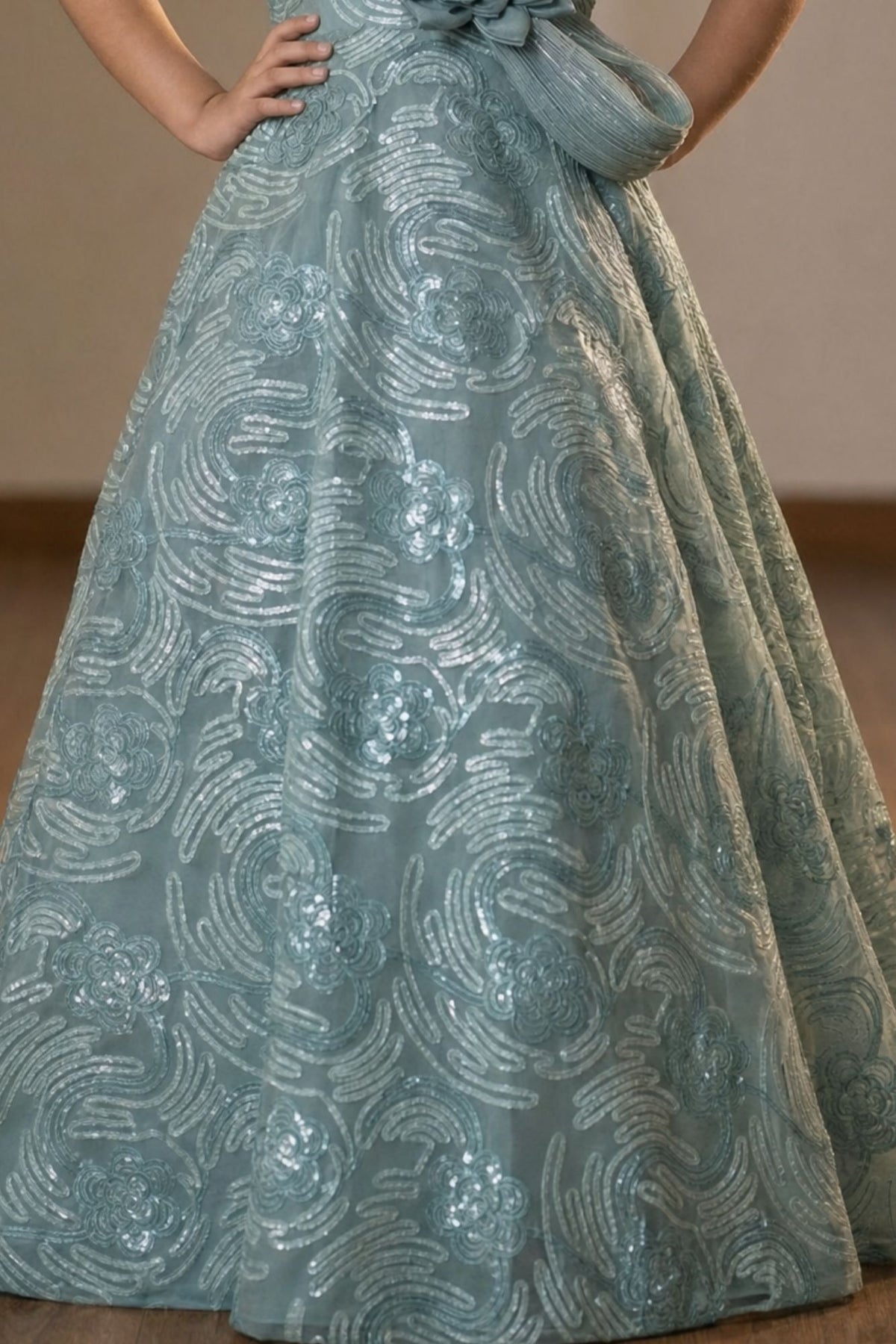 Blue Sequins Embellished Party Gown For Girls