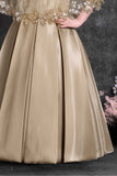 Gold Satin Party Wear Gown with Embellished Net Cape For Girls