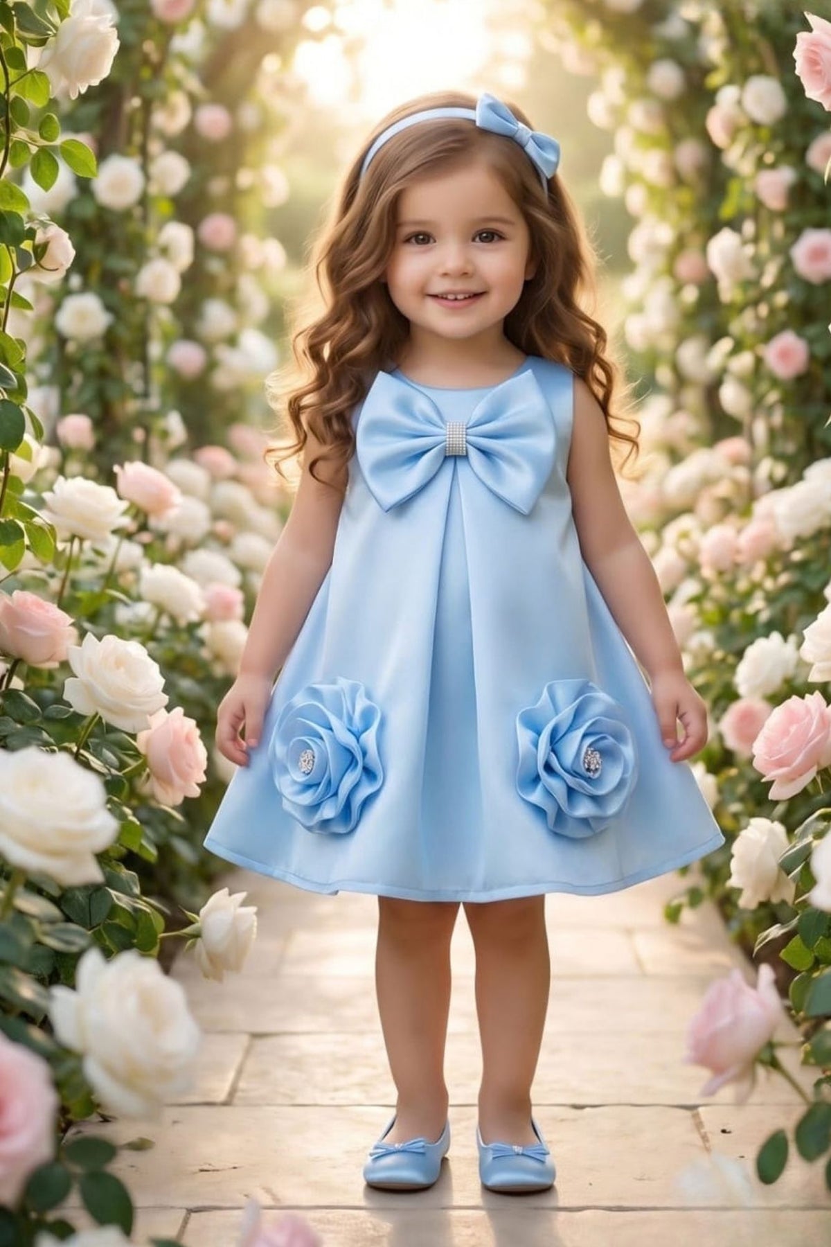 Girls Blue Bow And Floral Applique Party Wear Frock