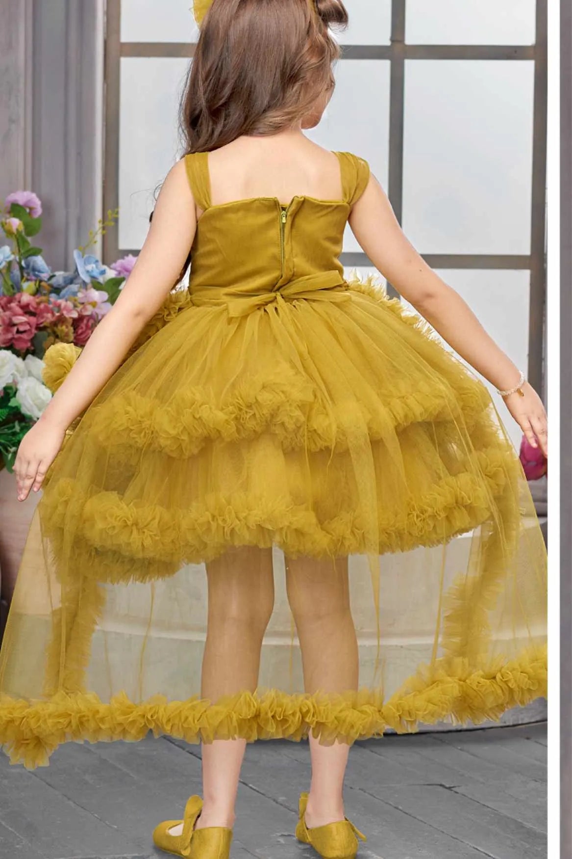 Mustard Layered Ruffle High-Low Party Wear Frock For Girls