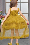 Mustard Layered Ruffle High-Low Party Wear Frock For Girls