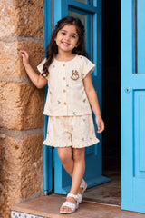 Adorable Girls Ivory Floral Print Top & Shorts Set with Ruffle Details