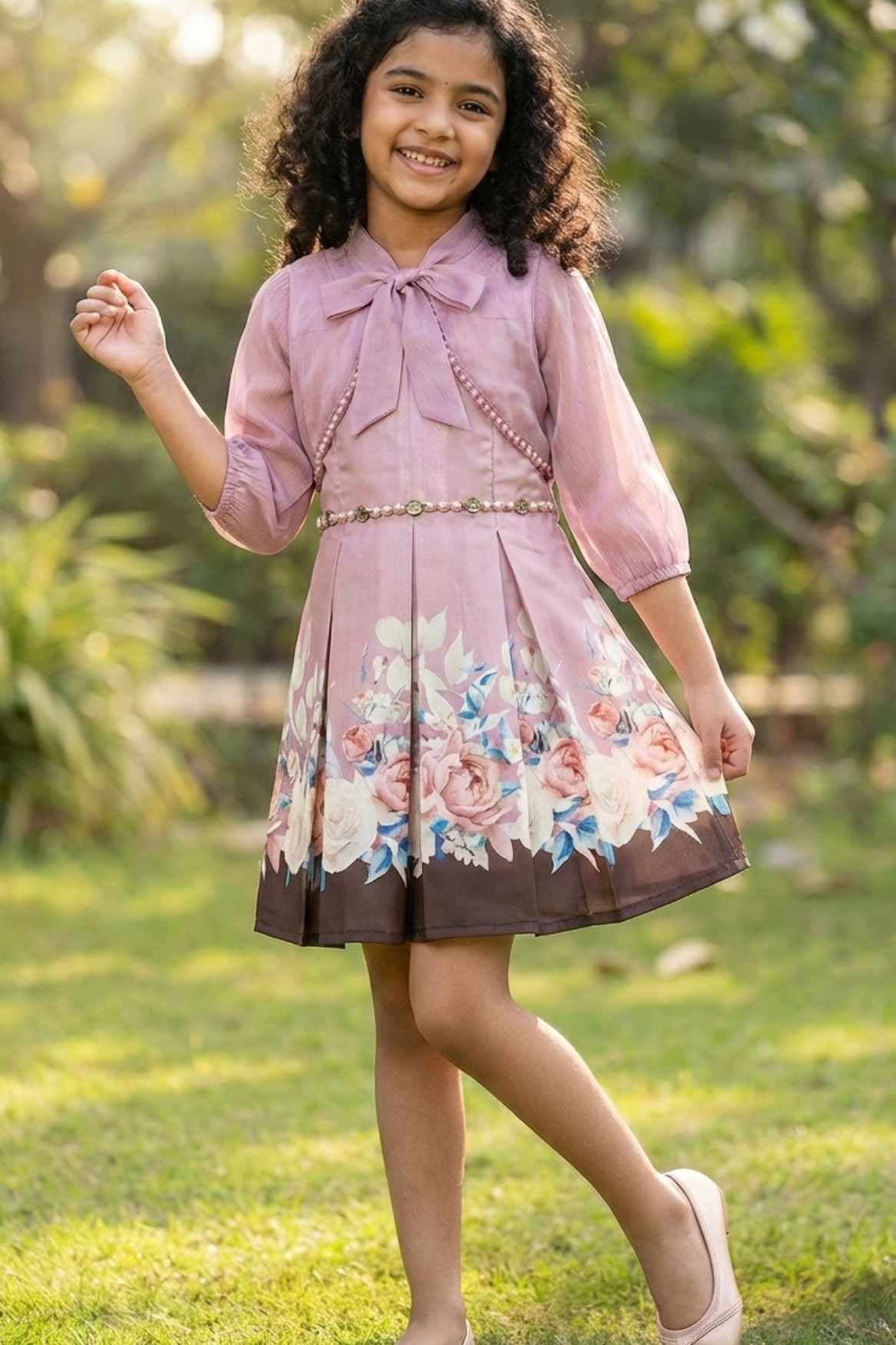 Mauve Floral Fit & Flare Party Dress with Jacket For Girls Lagorii Kids Mauve Floral Fit & Flare Party Dress with Jacket For Girls Lagorii Kids