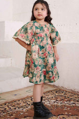 Parrot Green Floral Printed Casual Frock With Bell Sleeves For Girls