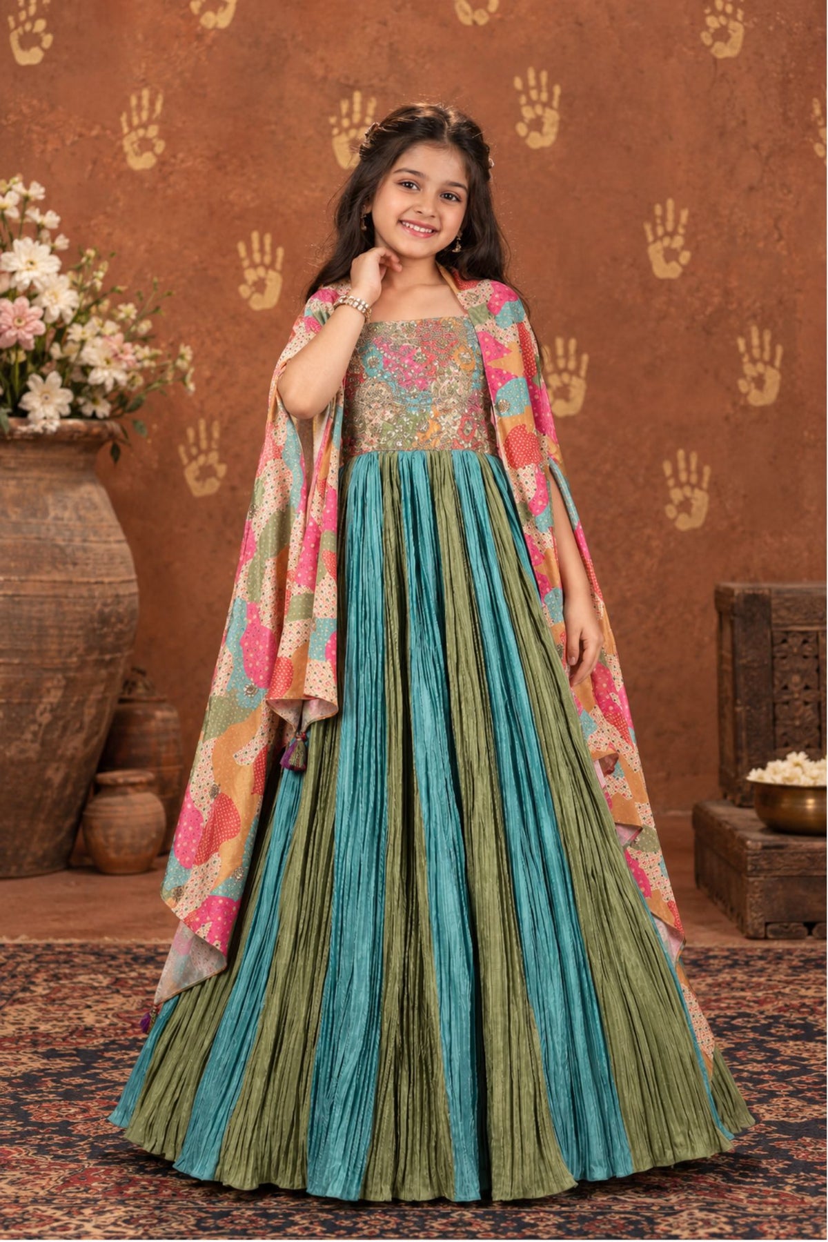 Multicolor Printed And Sequin Embroidery With Overcoat Gown For Girls