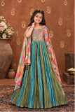 Multicolor Printed And Sequin Embroidery With Overcoat Gown For Girls