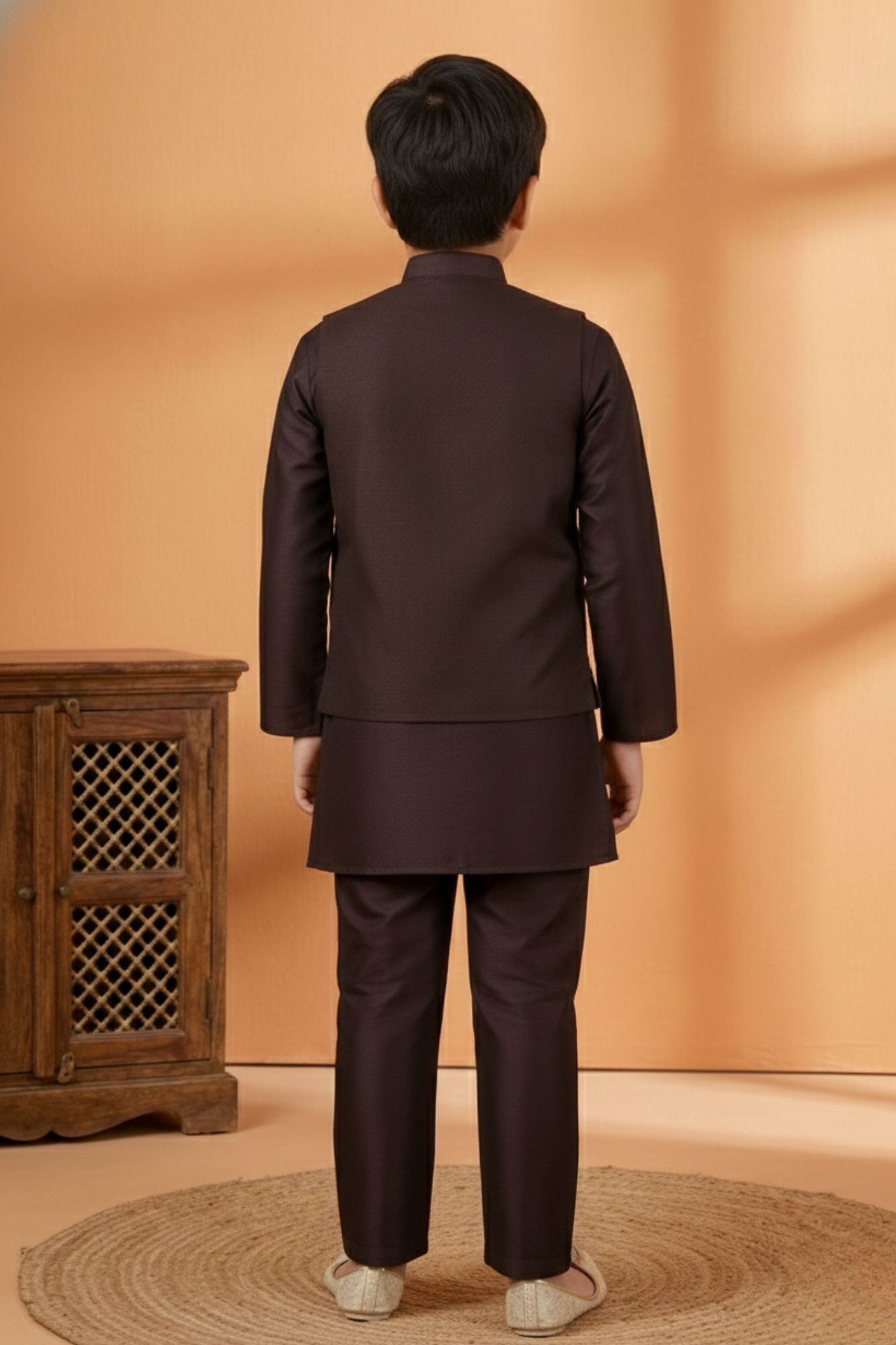 Wine Embroidered Kurta Set with Nehru Jacket For Boys