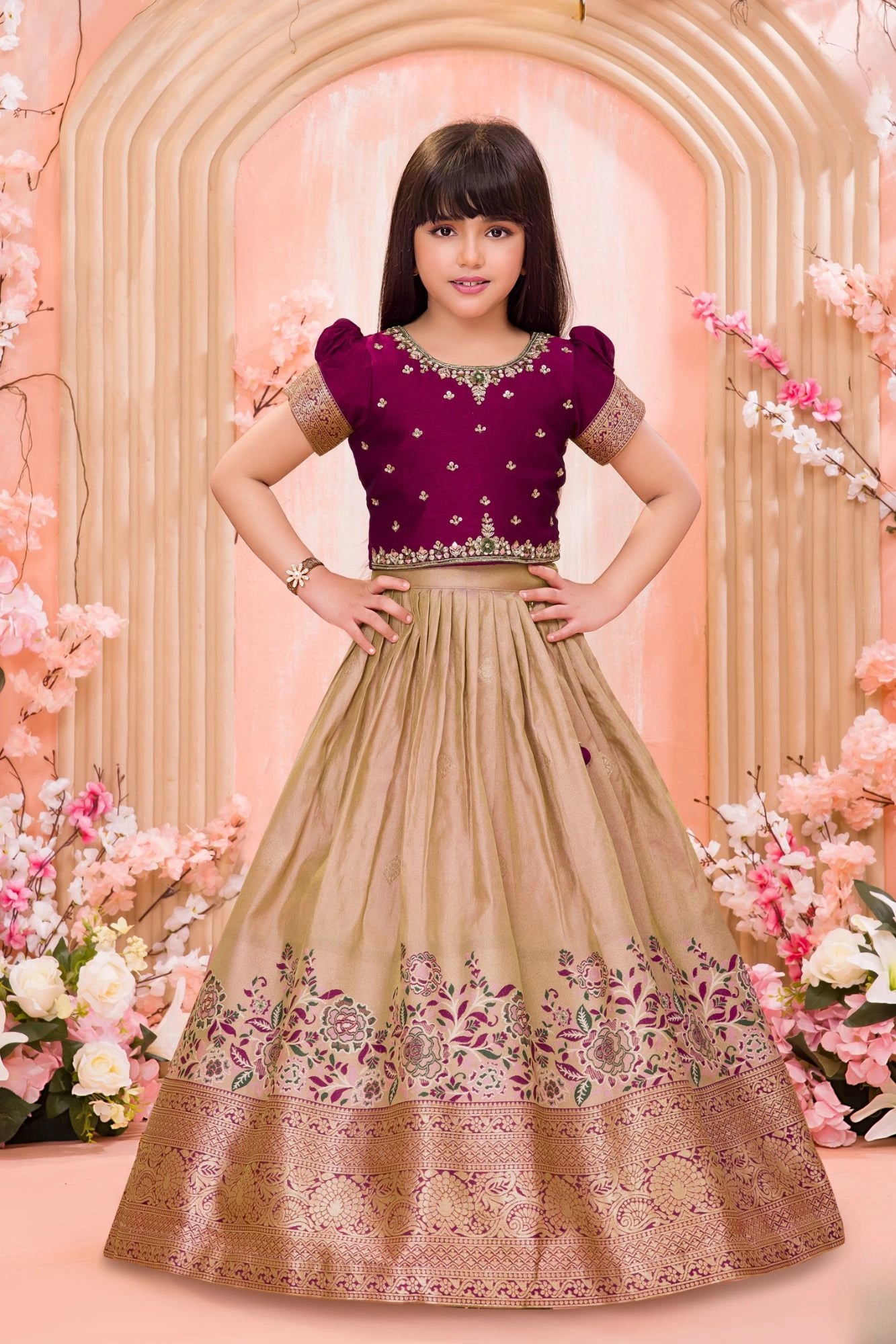 Wine & Beige Silk  Pattu Pavadai with Puff Sleeves For Girls