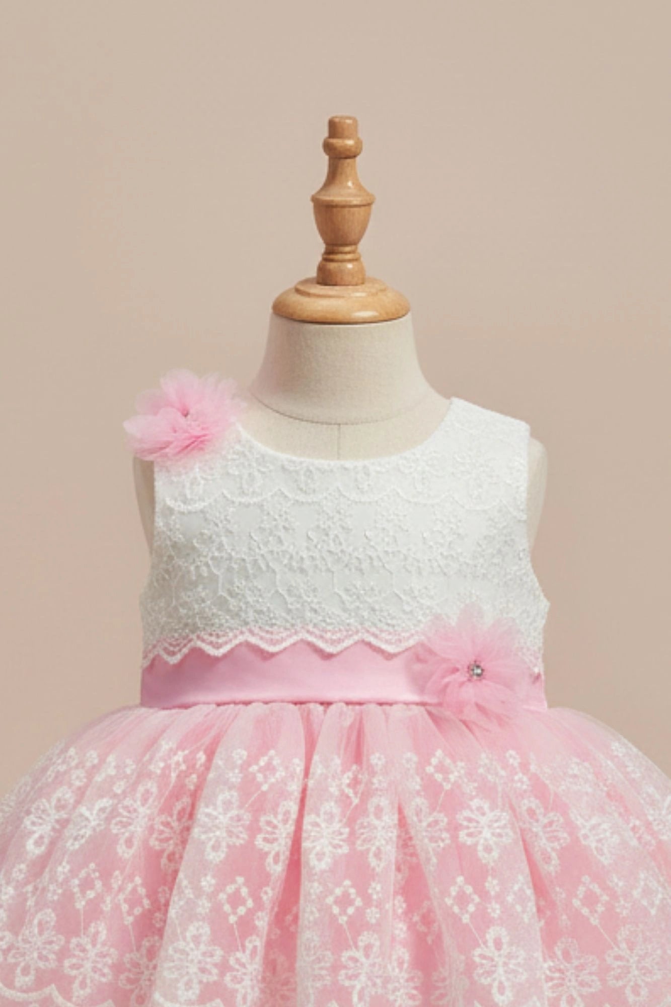 Pink & White Embroidered Party Frock with Floral Appliqué For Girls