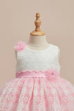 Pink & White Embroidered Party Frock with Floral Appliqué For Girls