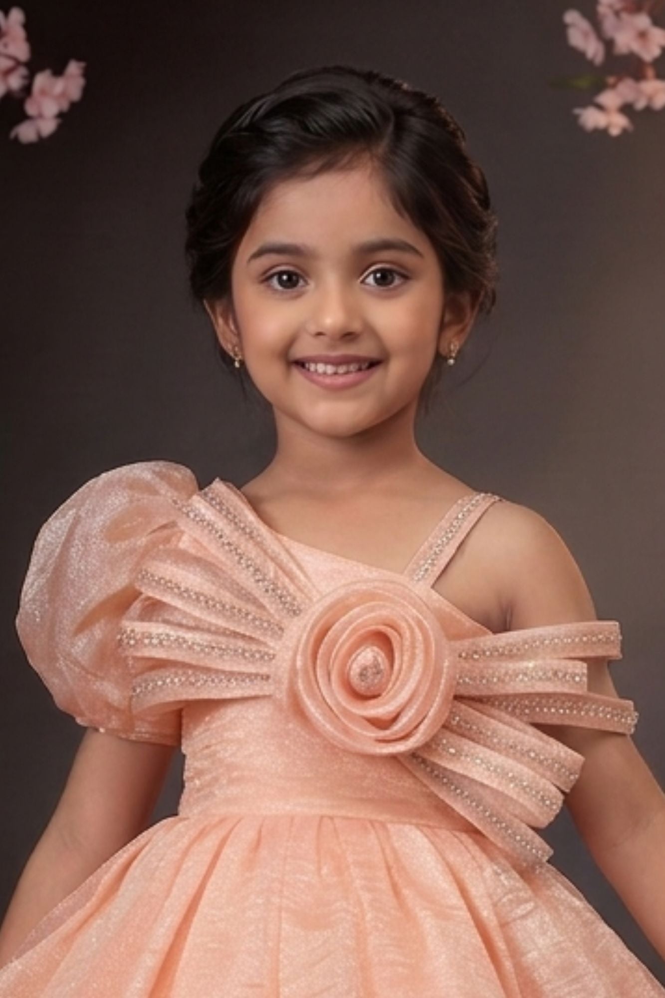 Peach One-Shoulder Party Frock with 3D Floral Bow For Girls