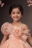 Peach One-Shoulder Party Frock with 3D Floral Bow For Girls