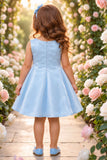 Girls Blue Bow And Floral Applique Party Wear Frock