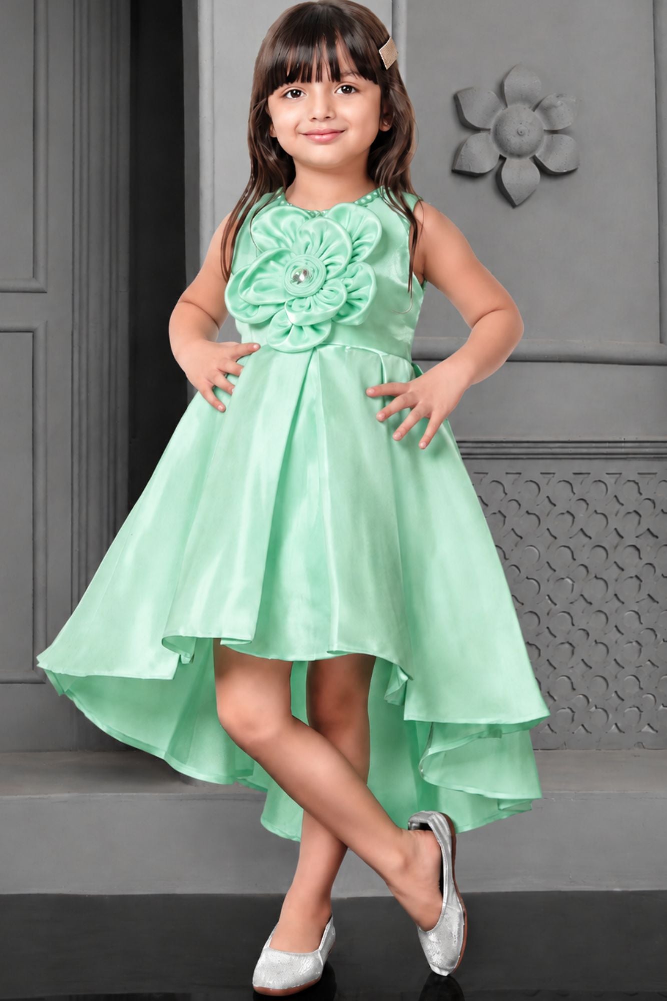 Pista Green Satin High Low Frock With Flower Embellishment