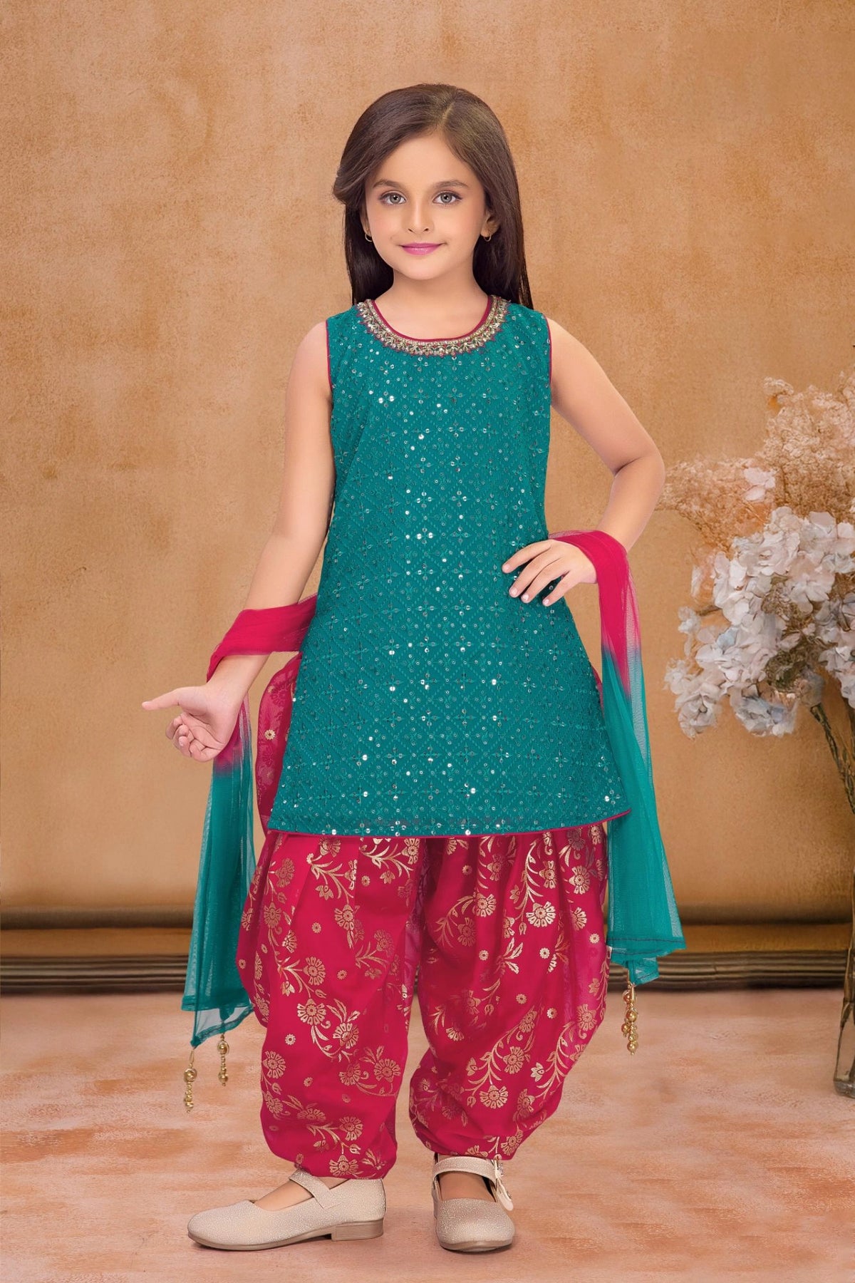 Green & Red Green Seqiuns Embroidered Patiala Set with Dupatta For Girls