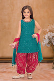 Green & Red Green Seqiuns Embroidered Patiala Set with Dupatta For Girls