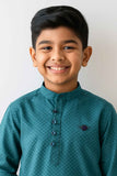 Teal Green Checkered Kurta Shirt With Mandarin Collar And Half Placket For Boys