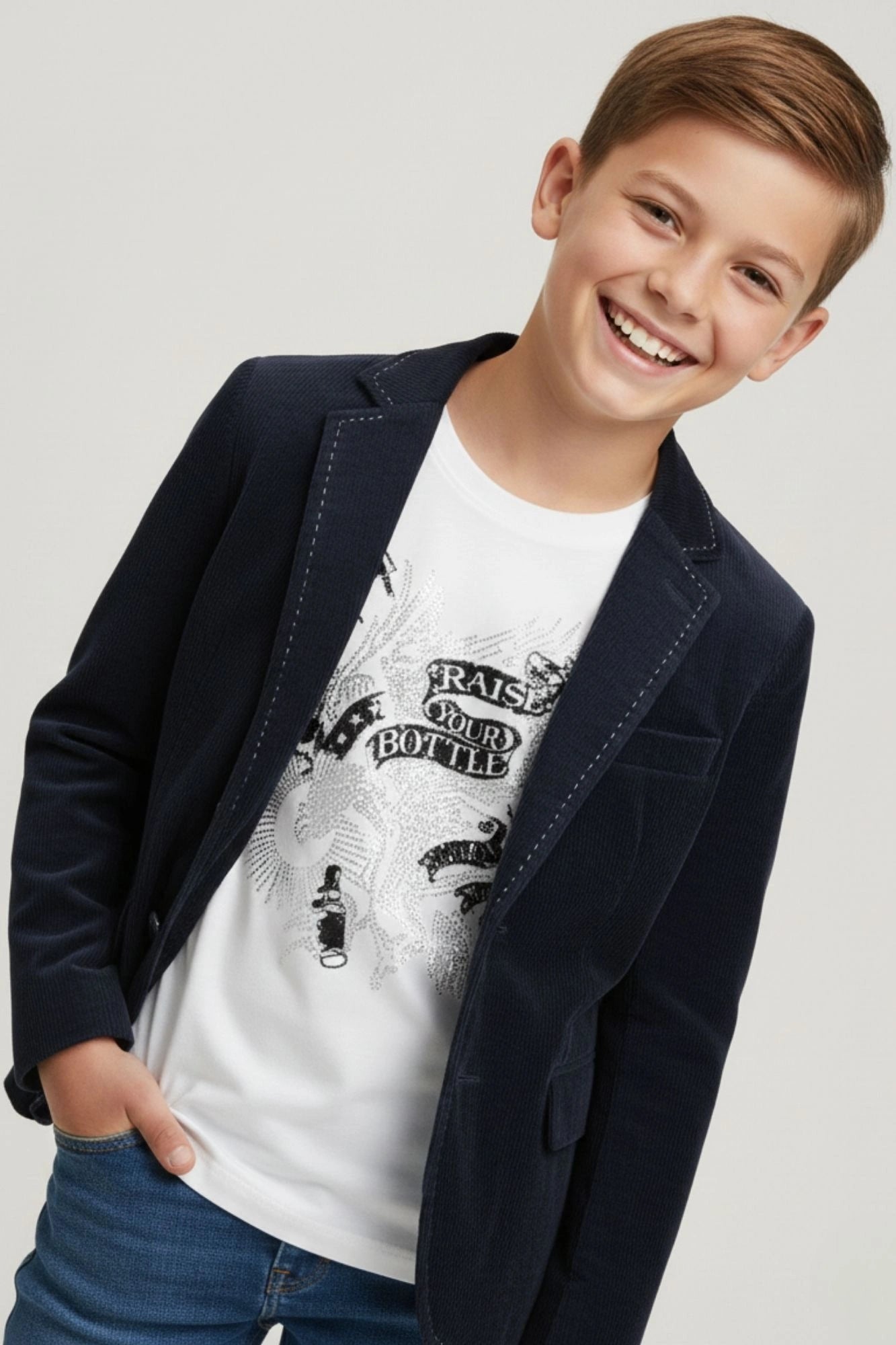 White Graphic T-Shirt with Navy Blue Textured Blazer Set For Boys
