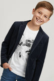White Graphic T-Shirt with Navy Blue Textured Blazer Set For Boys