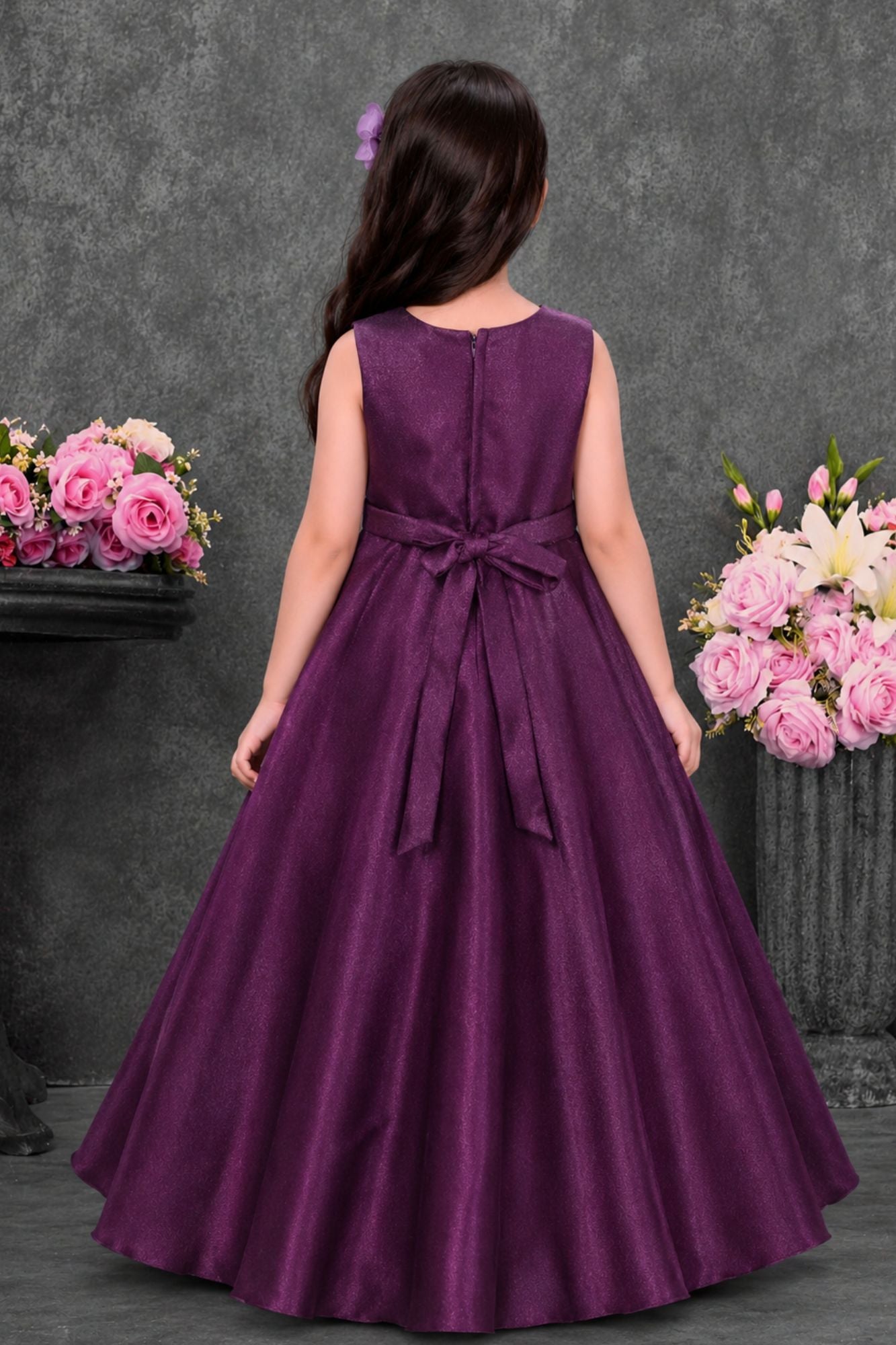 Wine Floral Applique Party Wear Gown for Girls